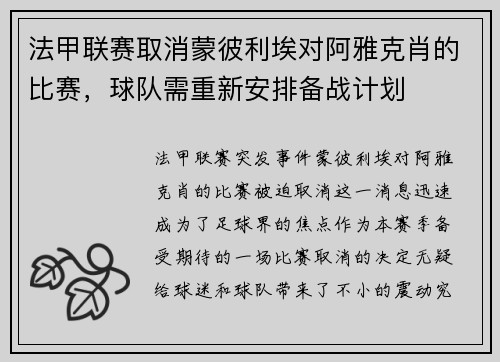 法甲联赛取消蒙彼利埃对阿雅克肖的比赛，球队需重新安排备战计划